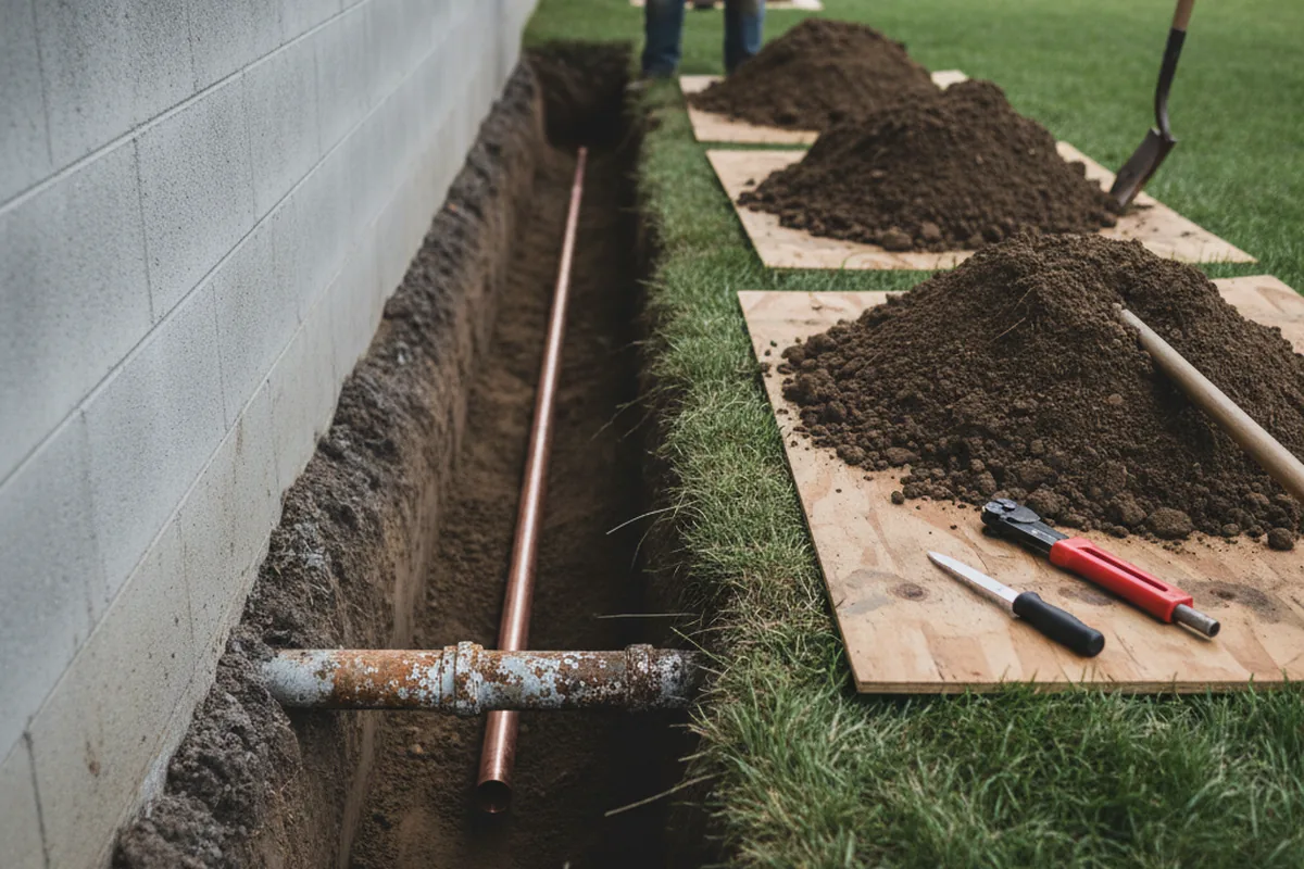 Excavated water line trench during Water Heater Repair in Brookhaven